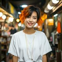 AI generated Portrait of Cute and Young Short Hair Asian Woman with Blurred Cafe Background. Generative Ai photo