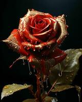 AI generated Red and Gold Glass Rose Flower with Water Droplets on it Isolated on Black Background. Generative AI photo