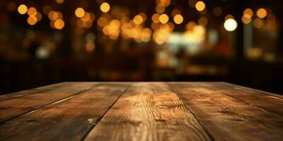 AI generated Empty Wooden Table with Bokeh Cafe Background and Golden Lights. Generative AI photo