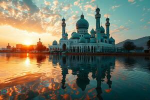 AI generated A Magnificent Mosque with a Beautiful Sky View at Sunset. Generative AI photo