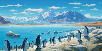 AI generated Penguin Colony on the Beach with Beautiful landscape View. Generative AI photo