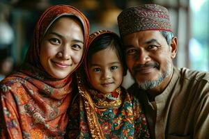 AI generated Portrait of a Happy Asian Muslim Family in Traditional Clothes. Generative AI photo