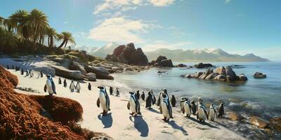 AI generated Penguin Colony on the Beach with Beautiful landscape View. Generative AI photo