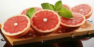 AI generated Sliced Fresh Grapefruits with Water Droplets. Pomelo Fruits. Generative AI photo