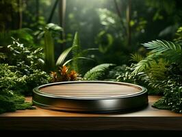 AI generated Wooden Product Display Podium with Nature Background. Natural Product Placement Pedestal Stand. Generative AI photo