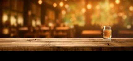 AI generated Empty Wooden Table with Bokeh Cafe Background and Golden Lights. Generative AI photo