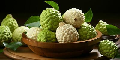 AI generated Fresh Custard Apples in a Basket. Sugar Apple. Healthy Fruit. Generative AI photo