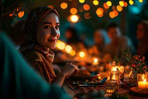 ai generado árabe musulmán mujer reunir juntos durante Ramadán con delicioso platos en el mesa. iftar cena. generativo ai foto