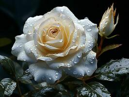 AI generated Blooming White Rose with Water Droplets on it Isolated on Black Background. Rose Close Up. Generative AI photo