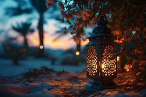 AI generated Arabic Lantern in the Desert at Sunset. Ramadan Kareem Background. Muslim Holy Month. Generative Ai photo