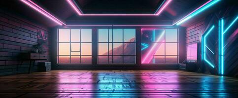 AI generated Modern Dark Room with Glowing Neon Lines with Retro 80s Style. Futuristic Interior with Laser Effect. Generative AI photo