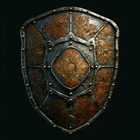 AI generated Rusty Medieval Shield with War Torn Effect Isolated on Black Background. Generative AI photo