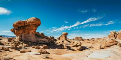 ai generado un vasto, árido Desierto con azul cielo. rocoso Desierto paisaje. generativo ai foto