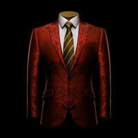ai generado lujo y elegante rojo de los hombres traje con resumen motivo aislado en negro antecedentes. generativo ai foto