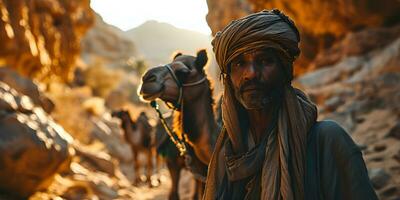 ai generado medio oriental hombre con su camellos en el Desierto a puesta de sol. generativo ai foto