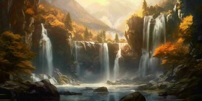 AI generated Beautiful and Stunning Waterfalls Landscape. Generative AI photo