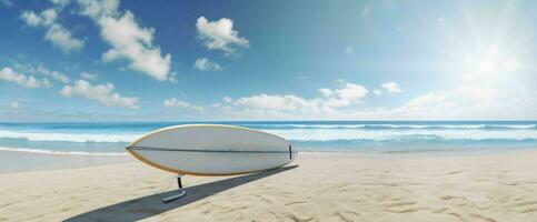 ai generado tabla de surf en el playa con azul cielo vista. generativo ai foto