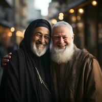 AI generated Portrait of Muslim Imam and Christian Priest Embracing Each Other. Generative Ai photo