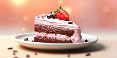 AI generated A Slice of Sweet Pink Cake with Strawberries and Cream on Top. Generative AI photo