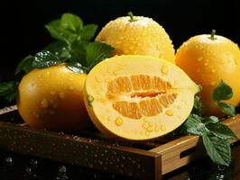 AI generated Fresh Canary Melon with Water Drops. Generative AI photo