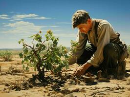 AI generated Close up of a man planting a tree or gardening. Generative AI photo