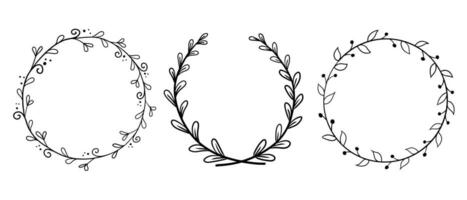 Doodle contour hand drawn floral round frames. Set of vector isolated black outline frames for stickers, cards on white background. Templates for wedding, anniversary or celebrating card or invitation