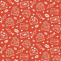 Valentines seamless pattern with outline envelopes, hearts and kisses. St Valentines day concept pattern. Vector isolated white elements on red background. Trendy print design for textile, wallpaper