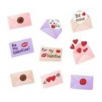 Flat envelopes for St Valentines day with hearts and kisses. Vector isolated hand drawn elements. Sticker set for Valentines day on white background. Good for background, pattern, textile