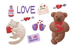 Romantic set of flat elements for Valentines day. Vector isolated items related to St Valentines day on white background. Teddy bear, cat, greeting card, love potion and hearts.