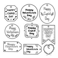 Outline hand drawn Valentines greetings in frames. St Valentines holiday concept. Vector isolated black contour frames for stickers, cards on white background. Floral and hearts decoration.