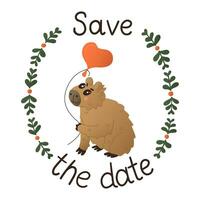 Romantic flat hand drawn capybara with lettering. St Valentines day typographic concept. Cute flat animal character with heart shape balloon. Isolated sticker on white background vector