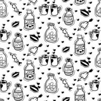 Valentines seamless pattern with love potion jars, hearts and kisses. St Valentines day concept pattern. Vector isolated black elements on white background. Trendy print design for textile, wallpaper