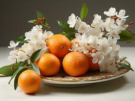 ai generado Fresco naranjas en un plato con hojas. generativo ai foto