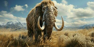 AI generated A Woolly Mammoth with Vast Pastures and Mountains Background. Generative AI photo