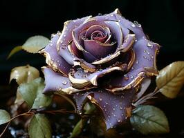 ai generado púrpura y oro vaso Rosa flor con agua gotas en eso aislado en negro antecedentes. generativo ai foto