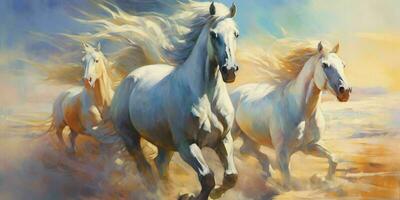 AI generated Silver Horses Galloping in the Desert Sand. Generative AI photo