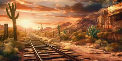 AI generated Rusty Railroad Track on Western Desert. Abandoned Train Track. Generative AI photo