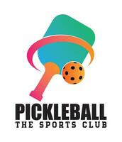 un vistoso pickleball Deportes club logo presentando un hermosa pickleball paletas y un vistoso pelota. el vector es completamente editable.