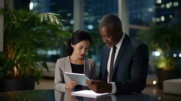 AI generated Two business professionals working together with asian woman and african man working using digital tablet technology discussing financial market data at corporate office meeting photo