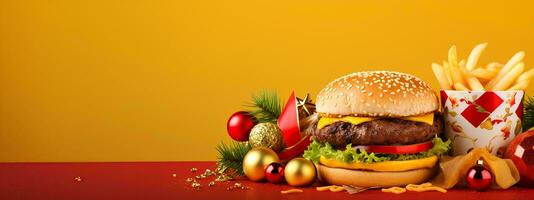 AI generated Christmas Day menu of burgers and fries on isolated background, festive Christmas and New Year theme, for posters and banners, banner mockup photo