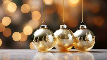 AI generated 3D rendering of glass Christmas bulbs with bokeh background, Christmas ornaments on Christmas tree with gold and white lights photo