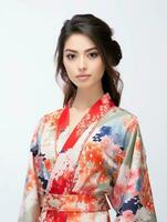 ai generado retrato de un joven japonés hembra modelo vistiendo un kimono posando graciosamente, aislado blanco fondo, ai generativo foto