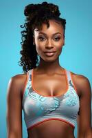 AI generated Portrait of a beautiful African woman on an isolated light blue background, wearing a tank top, beauty model photo