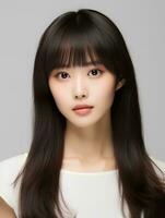 AI generated Portrait of beautiful young Korean woman with long straight hair with soft bangs, AI Generative photo