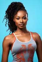 AI generated Portrait of a beautiful African woman on an isolated light blue background, wearing a tank top, beauty model photo