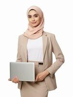 AI generated Career woman carrying laptop in her hand and wearing hijab, smiling expression and having white and clean teeth, studio photo, isolated white background photo