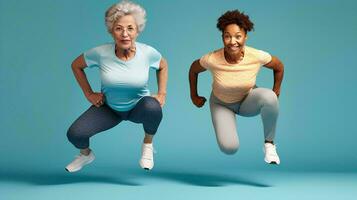 ai generado retrato de dos mayor mujer con sano cuerpos, hacer ejercicio, aislado llanura azul antecedentes foto