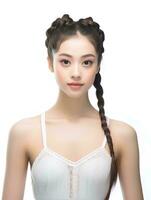 AI generated Portrait of beautiful Japanese woman with braided hair wearing ballet dress, isolated white background, AI Generative photo