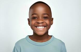 AI generated portrait of cute african boy model with perfect clean teeth laughing and smiling, studio photo, isolated white background photo