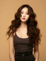 AI generated Beautiful young Asian woman wearing tank top with long curly hair, Korean style makeup and perfect skin on an isolated background, AI Generative photo